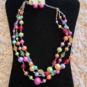 NEW 3 strand Multi Color Pearl & Glass Bead Necklace + Earrings Set